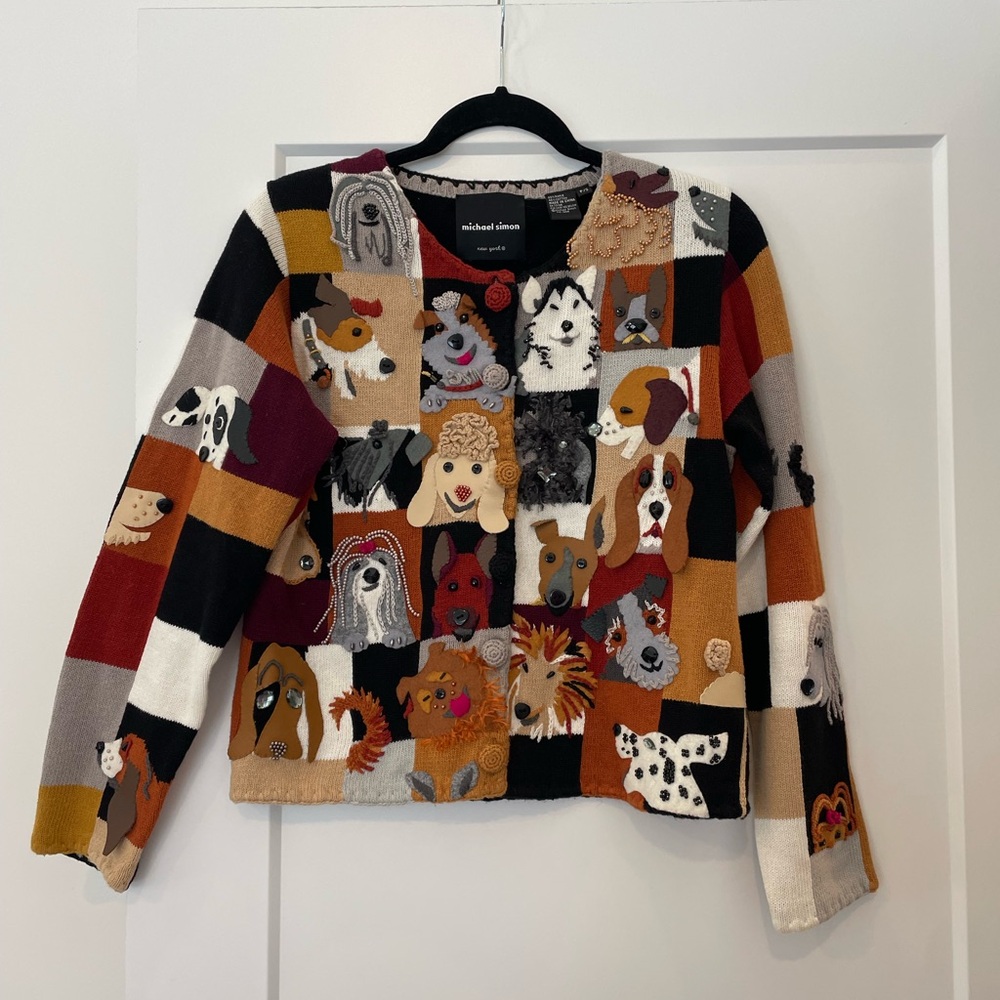 Michael Simon Patchwork Dog Lover Sweater Small Petite